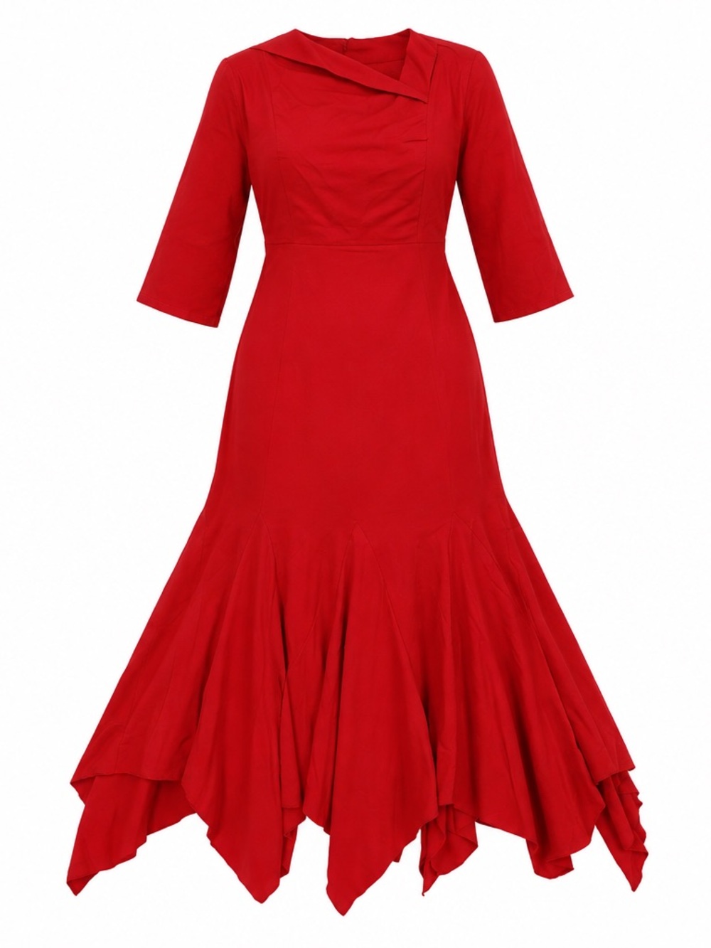 Women’s Elegant Red Flared Midi Dress with Asymmetric Hem Size XL